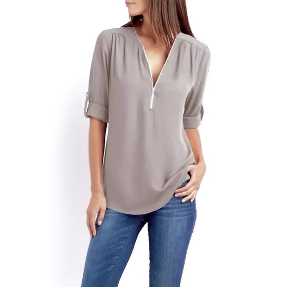 Elegant v neck slight sheer grey zipper roll up sl - Picture 3 of 8